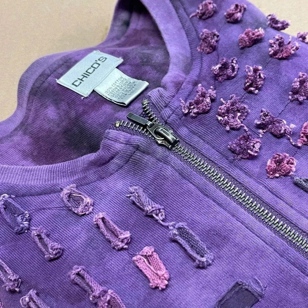 Chico's Women's Medium Purple Textured Ribbon-Loop Full Zip Jacket Boho‎ Art
